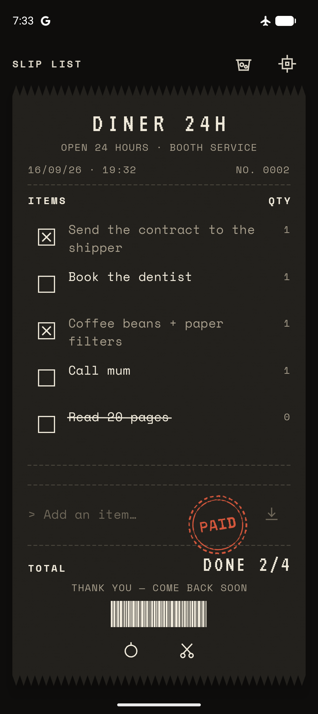Slip List in Night Shift dark paper theme