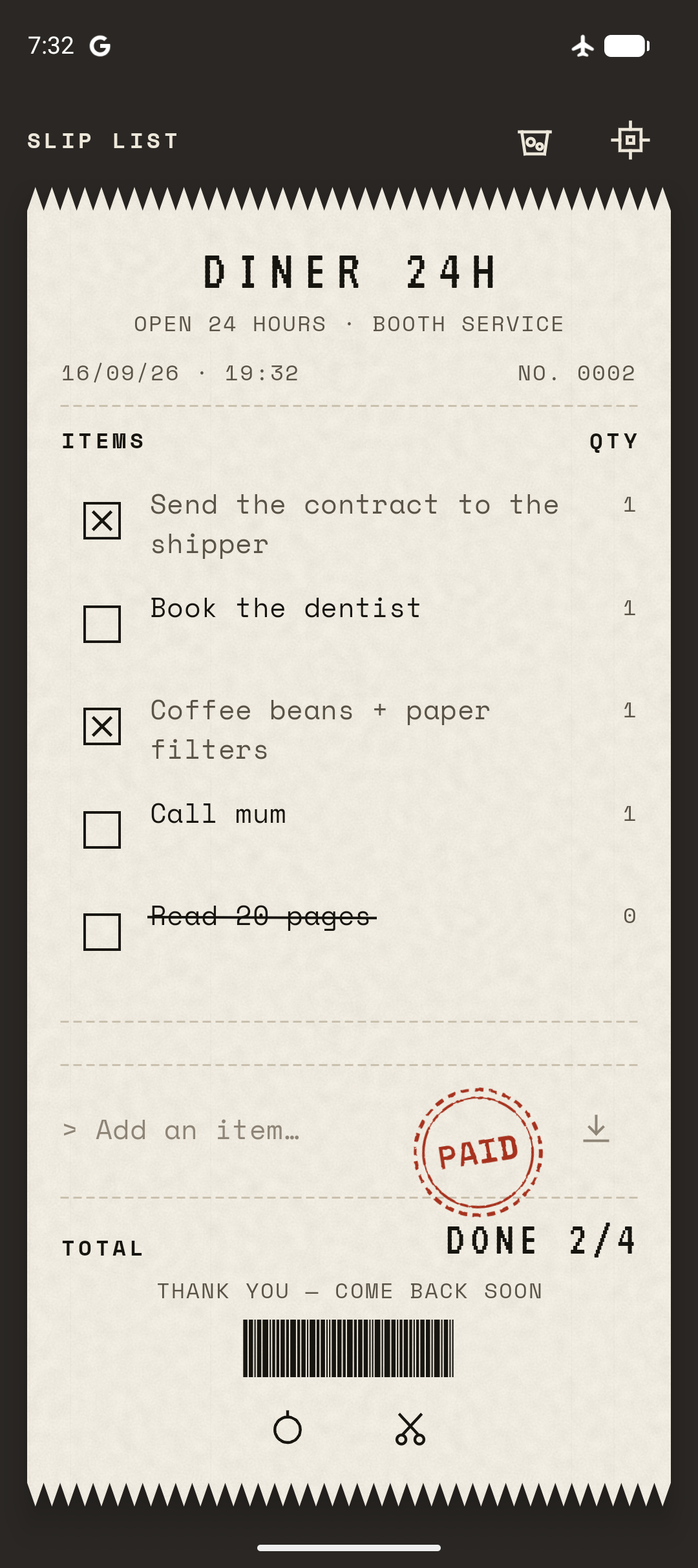 Slip List home screen showing today's to-do slip
