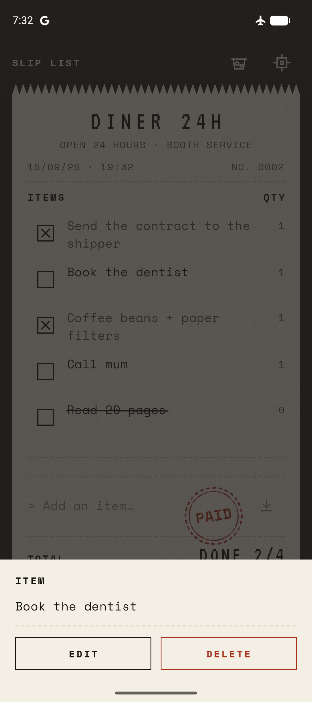 Tapping a task to scratch it out with a pen-stroke line