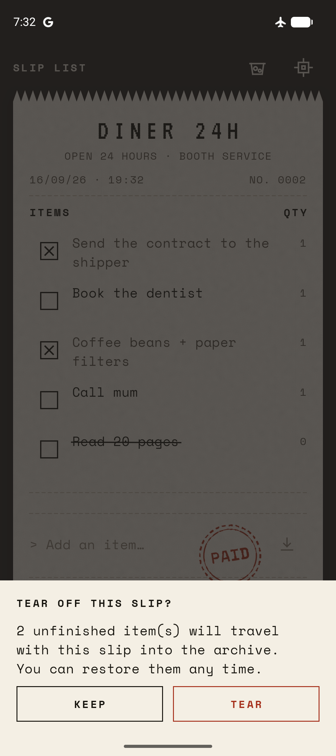 Confirmation sheet before tearing off today's slip